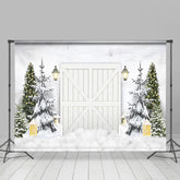 Lofaris White Wooden Door Pine Tree Snow Winter Backdrop